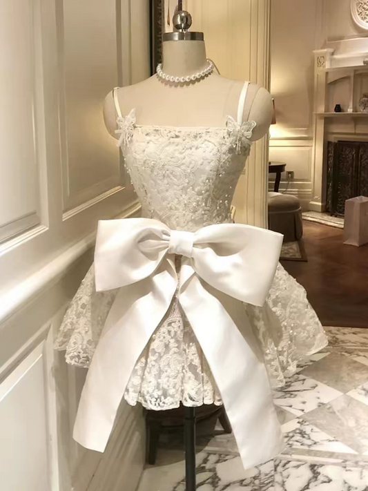 White Lace Beaded Spaghetti Strap Homecoming Dress With Removable Satin Bow AS178