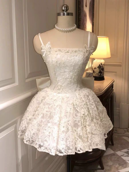White Lace Beaded Spaghetti Strap Homecoming Dress With Removable Satin Bow AS178