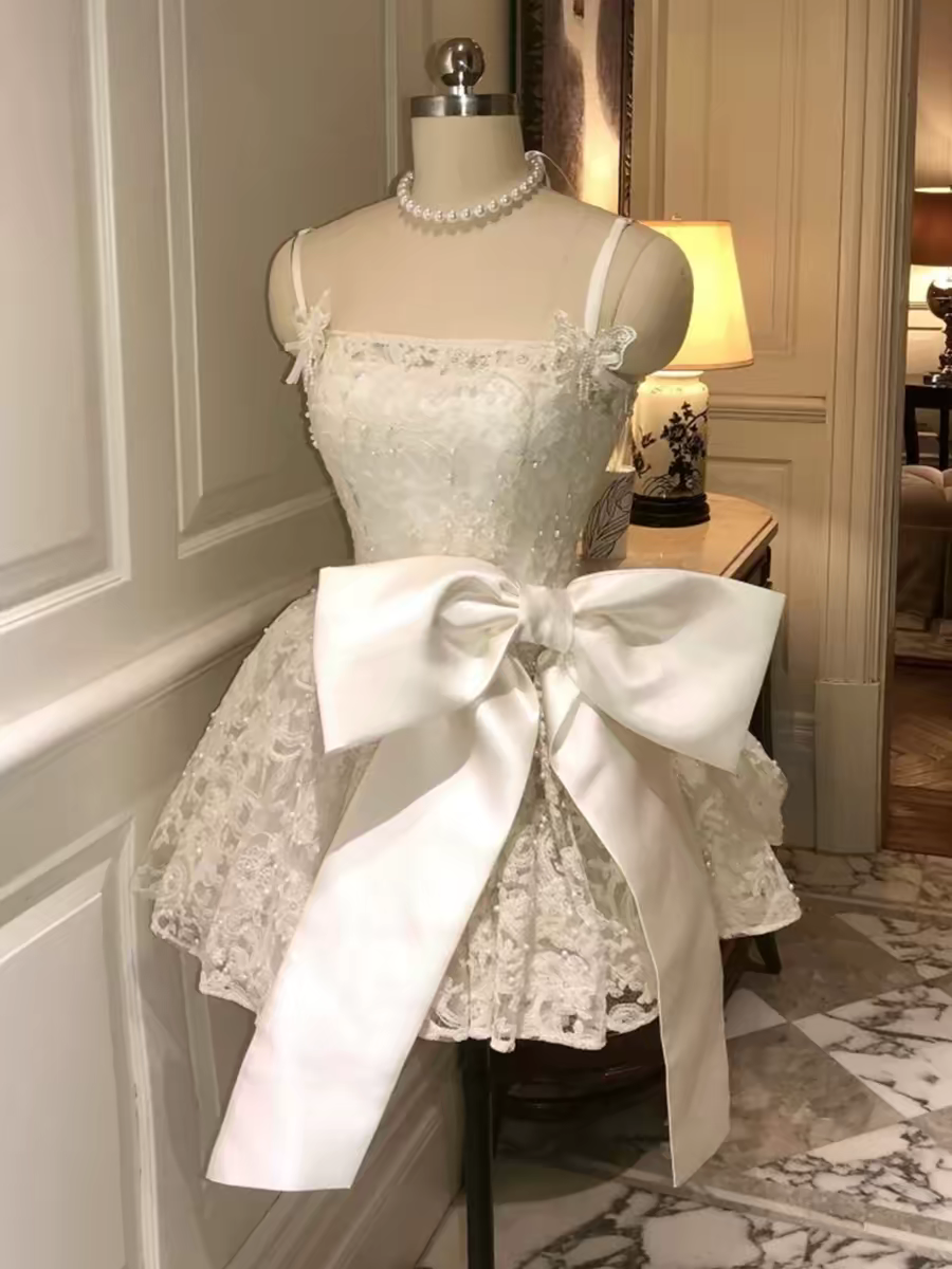 White Lace Beaded Spaghetti Strap Homecoming Dress With Removable Satin Bow AS178