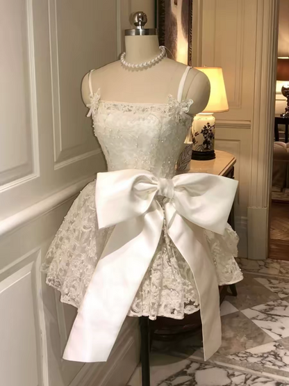 White Lace Beaded Spaghetti Strap Homecoming Dress With Removable Satin Bow AS178