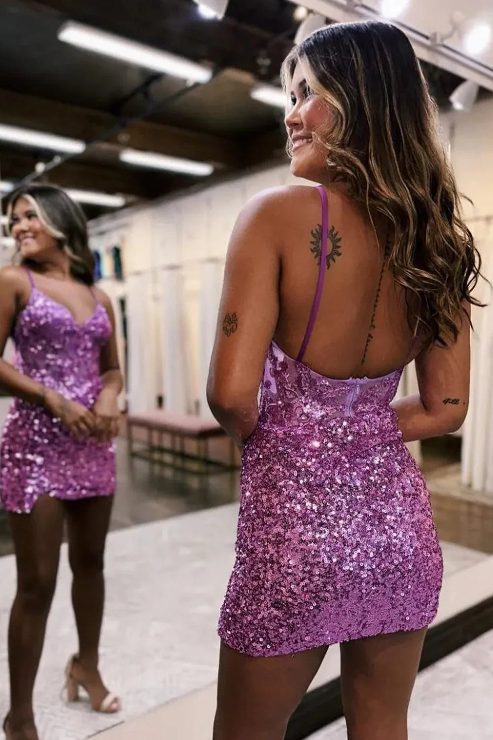Stunning Sparkly Backless Spaghetti Straps Short Tight Sequin Dress Homecoming Dress AS180