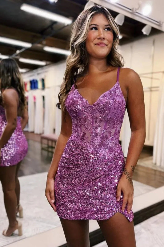 Stunning Sparkly Backless Spaghetti Straps Short Tight Sequin Dress Homecoming Dress AS180