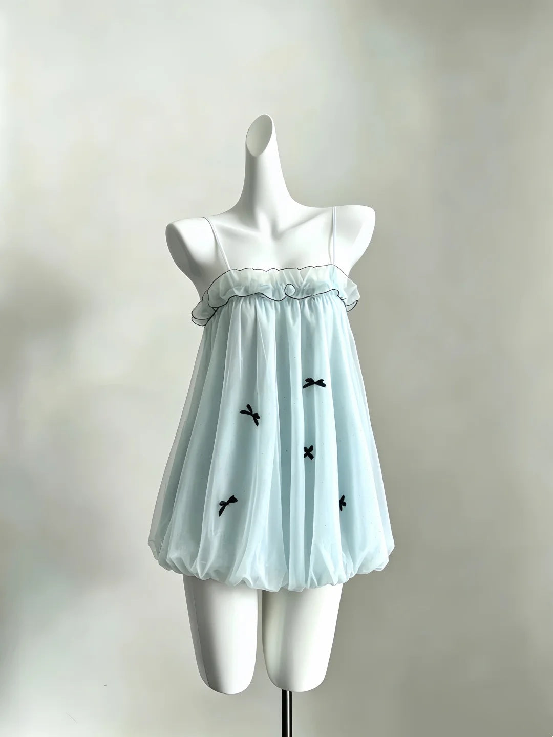 Playful Light Blue Spaghetti Straps Black Bow A Line Puffy Tulle Short Homecoming Dress AS1814