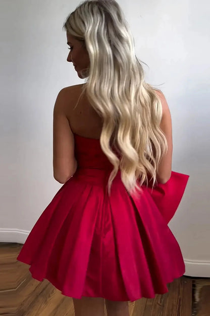 Cute A-Line Strapless Short Satin Dress With Bow Homecoming Dress AS182