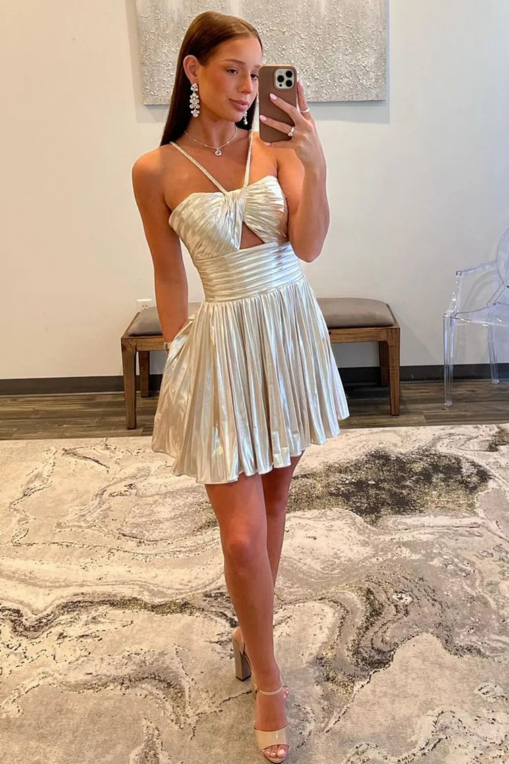 Gold Metallic A-Line Mini Dress With Halter Neck Cut Homecoming Dress AS183