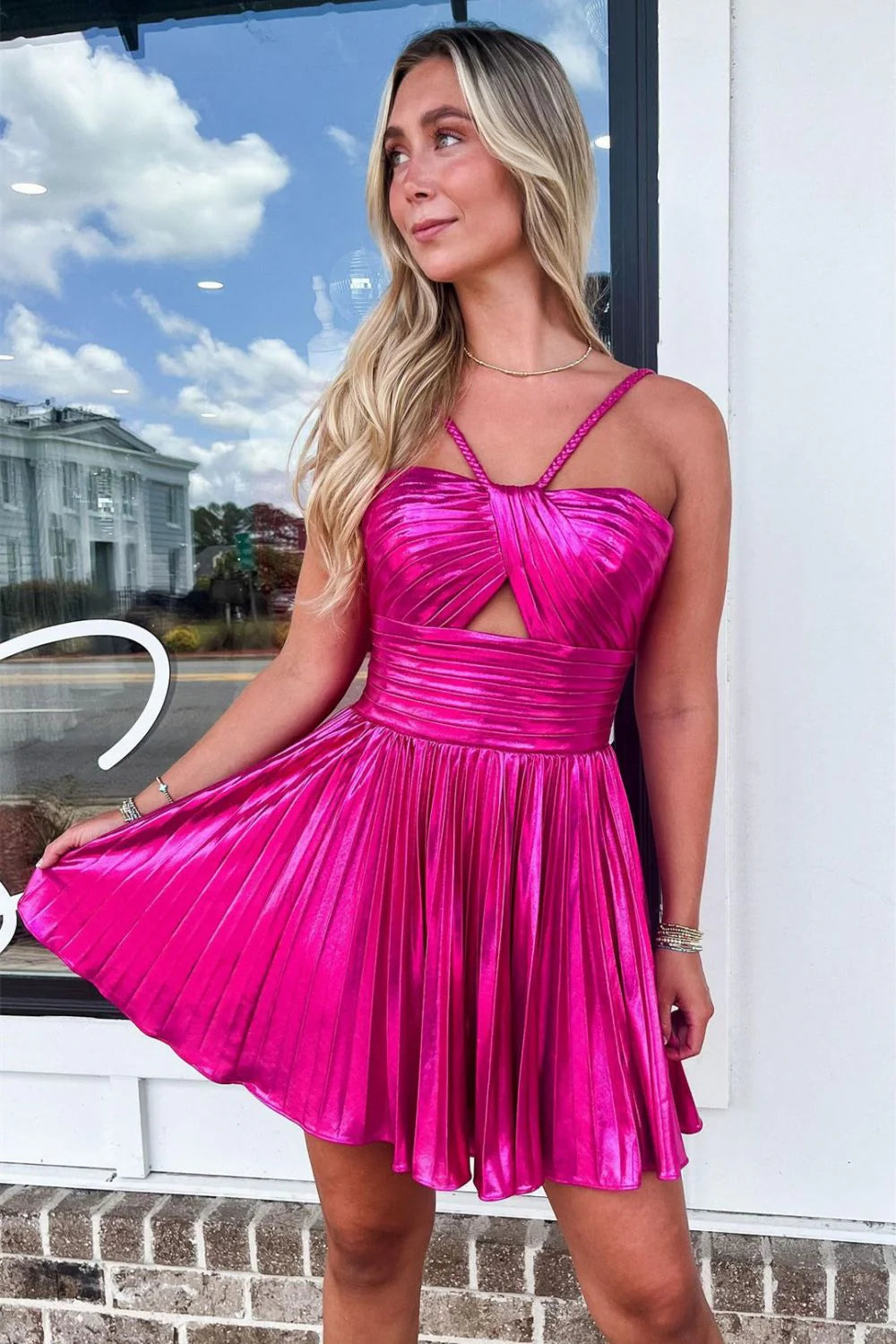 Gold Metallic A-Line Mini Dress With Halter Neck Cut Homecoming Dress AS183