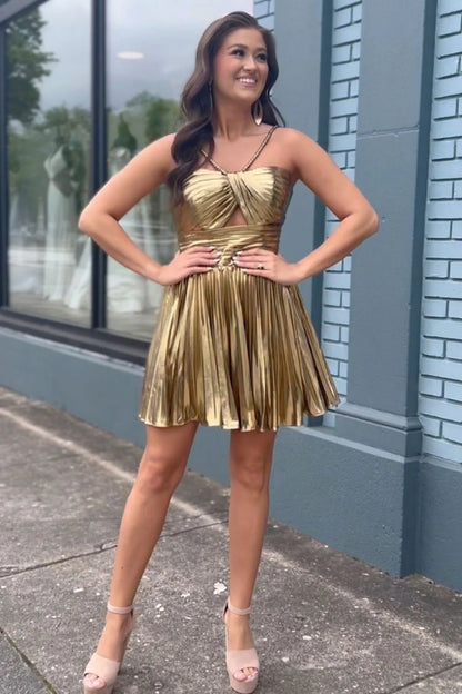 Gold Metallic A-Line Mini Dress With Halter Neck Cut Homecoming Dress AS183