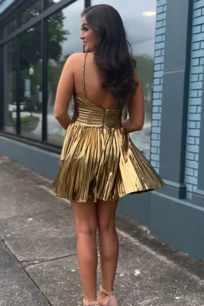 Gold Metallic A-Line Mini Dress With Halter Neck Cut Homecoming Dress AS183