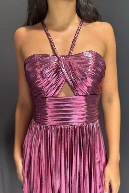 Gold Metallic A-Line Mini Dress With Halter Neck Cut Homecoming Dress AS183