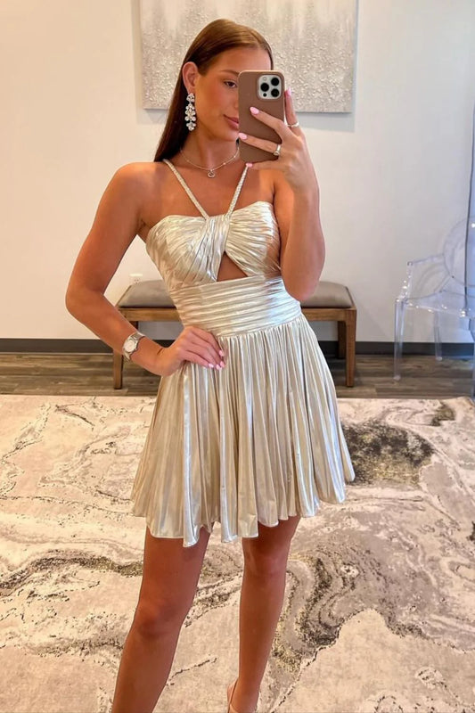 Gold Metallic A-Line Mini Dress With Halter Neck Cut Homecoming Dress AS183