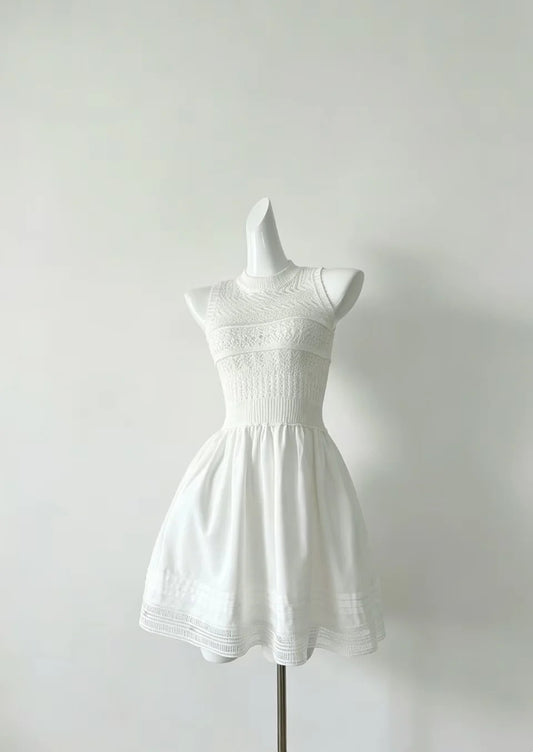 Airy White Sleeveless Mock Neck Knit Bodice A Line Short Homecoming Dress AS1852