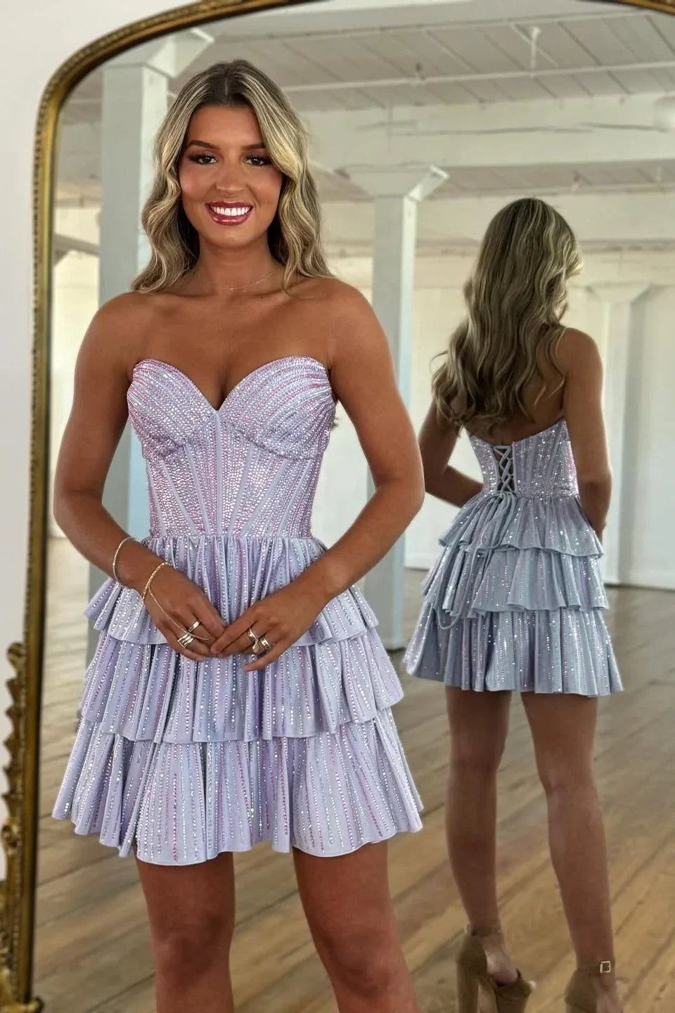 Gorgeous A-Line Silhouette With Sweetheart Neckline And Tiered Beaded Skirt Homecoming Dress AS186