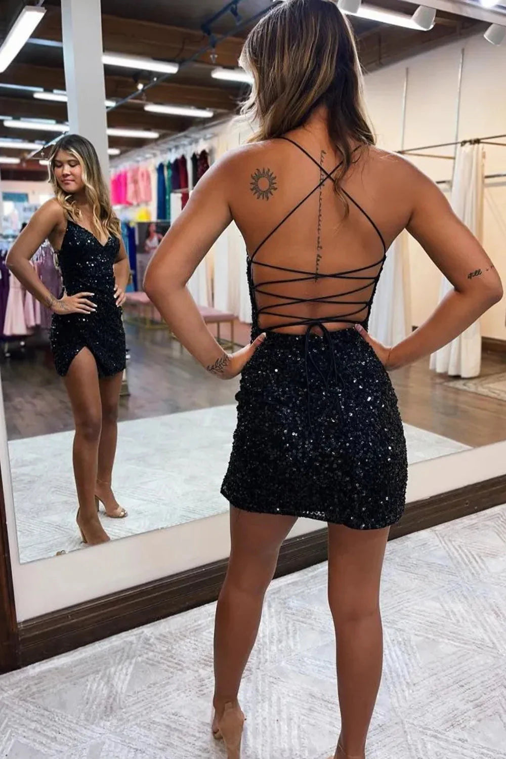 Sparkly Bodycon Style With Sequin Shine And Spaghetti Strap Lace-Up Detail Homecoming Dress AS187