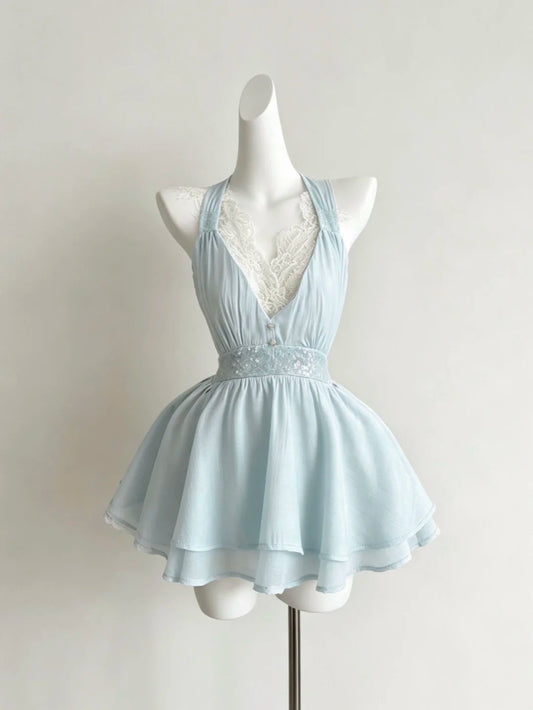 Airy Light Blue Halter V‑Neck Delicate White Lace Lining Sequin Waist Trim A Line Short Homecoming Dress AS1871
