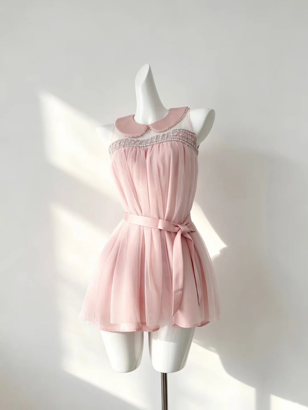 Dainty Pink Sleeveless Peter Pan Collar Beaded Mesh Self‑Tie Satin Waist Belt Tulle Flowy A‑Line Short Homecoming Dress AS1878