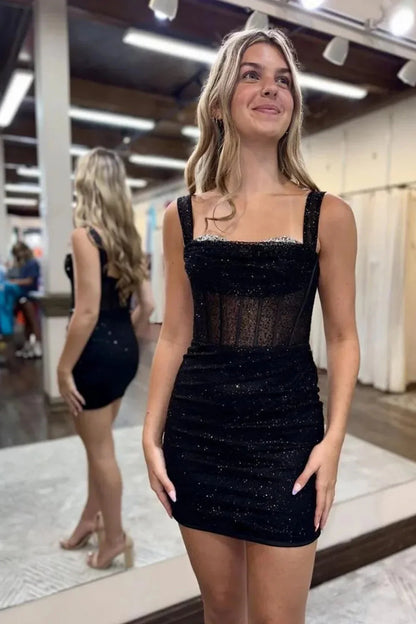Sparkly Black Bodycon With Off The Shoulder And Lace-Up Back Homecoming Dress AS188