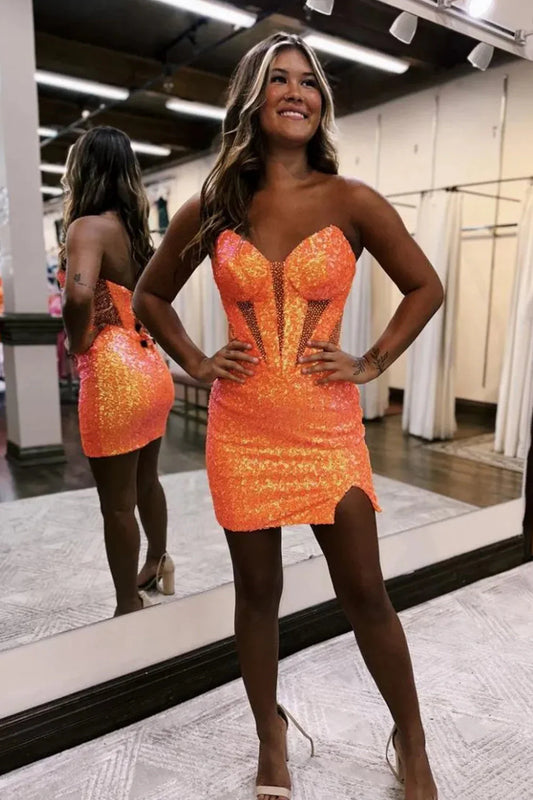 Sparkly Strapless Bodycon Mini With Sequin Shine And Side Slit Homecoming Dress AS189