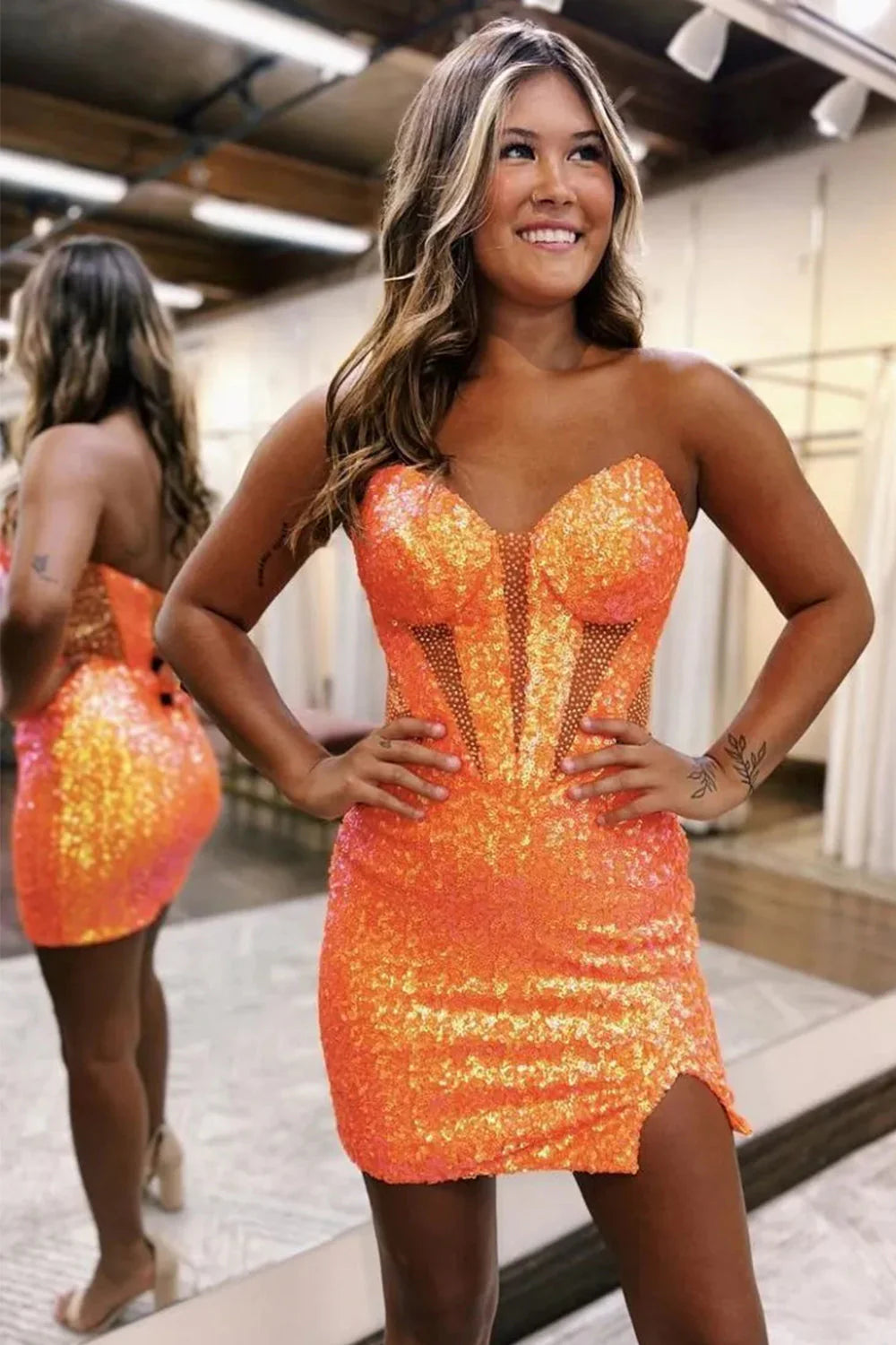 Sparkly Strapless Bodycon Mini With Sequin Shine And Side Slit Homecoming Dress AS189