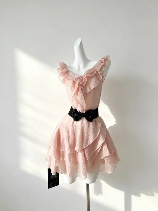 Airy Blush Pink Crinkle Ruffled V‑Neck Sleeveless Chiffon Multi‑Tiered A Line Short Homecoming Dress AS1896