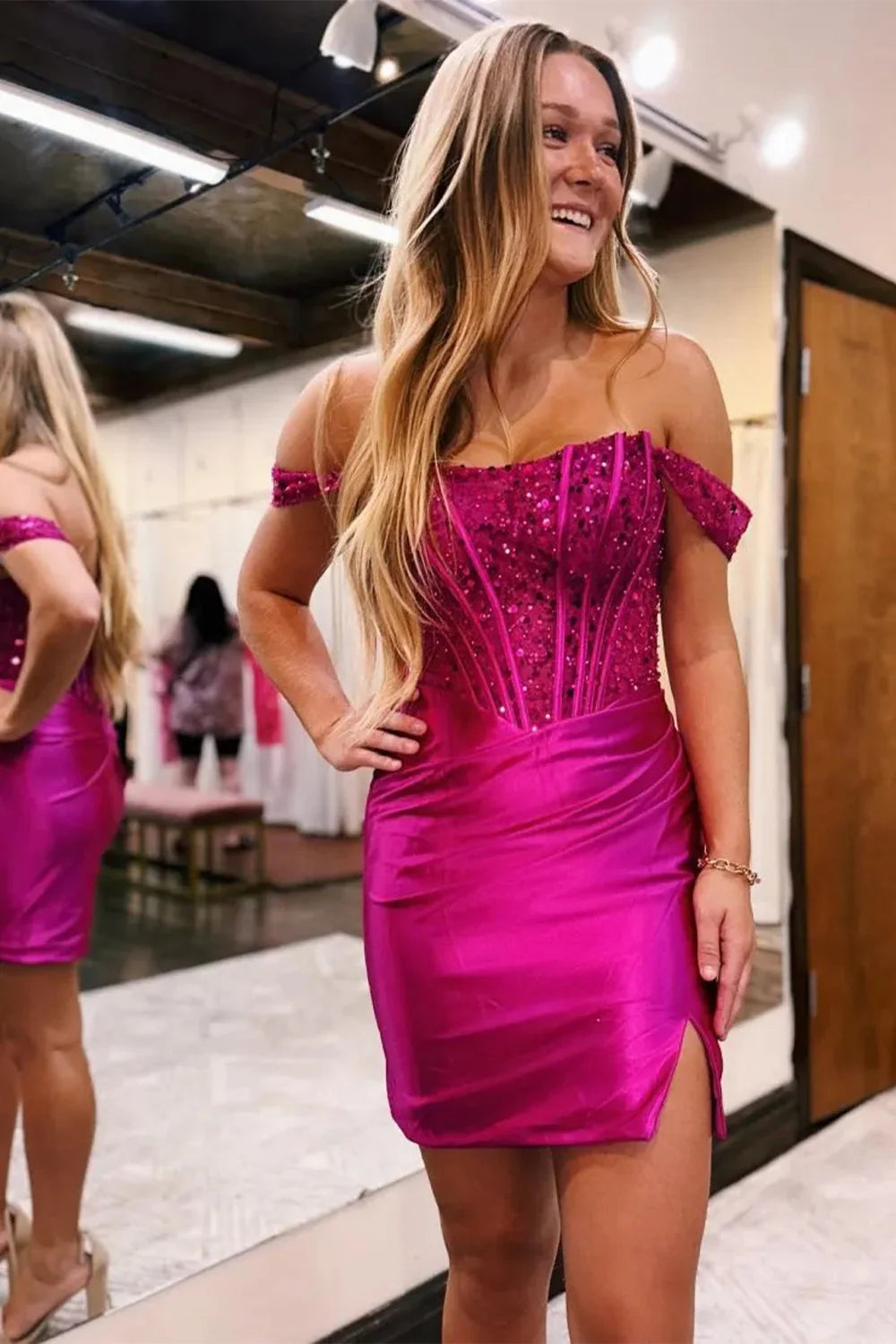 Sparkly Satin Bodycon Mini With Off The Shoulder Neckline Homecoming Dress AS190