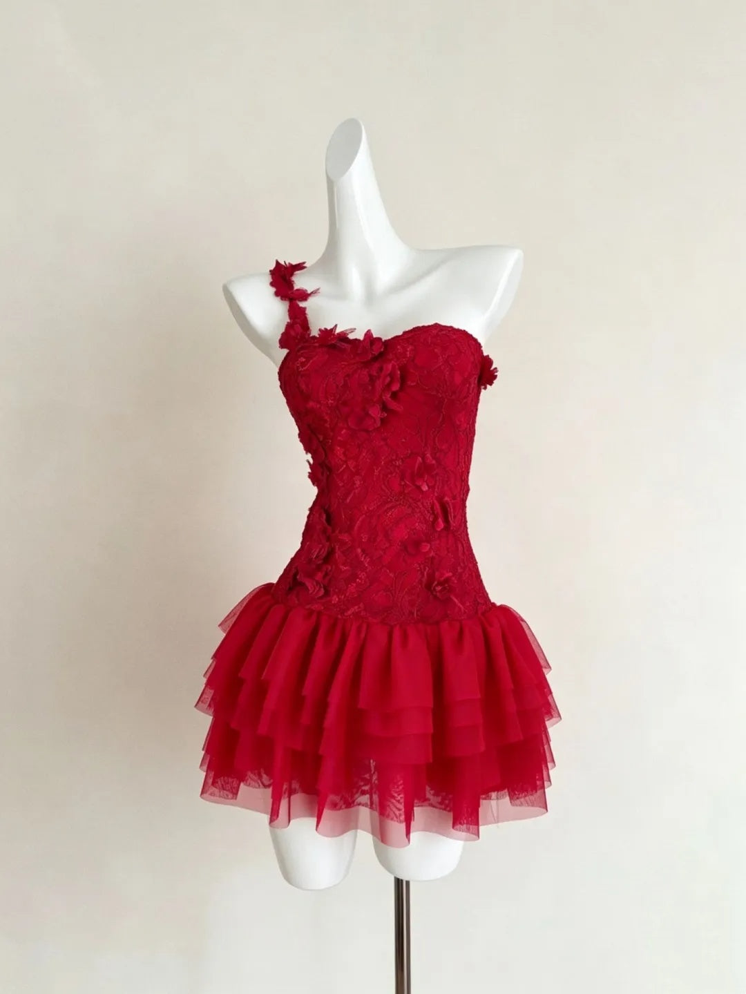 Glamorous Red One Shoulder 3D Floral Appliqué Multi‑Layered Tulle A Line Short Homecoming Dress AS1907