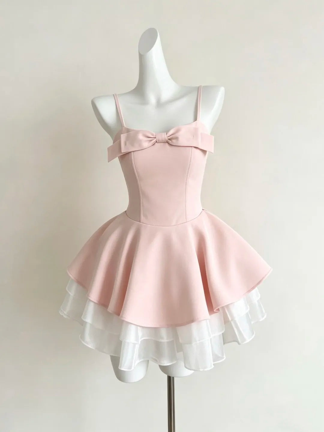 Elegant Pink Spaghetti Straps Front Bow Multi‑Layered White Organza Ruffled Underskirt A Line Short Homecoming Dress AS1919