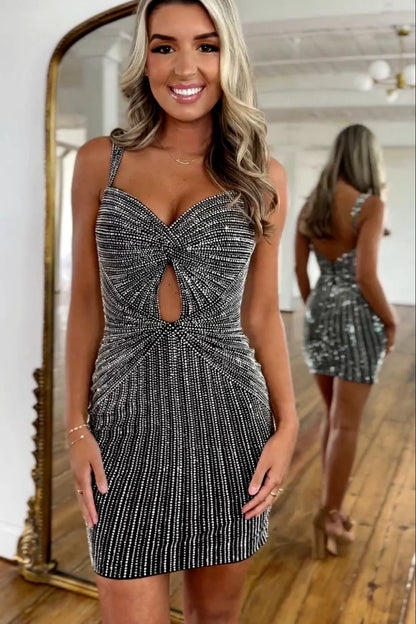 Black Glitter Bodycon Homecoming Dress With Beaded Straps And Short Fitted Silhouette AS192