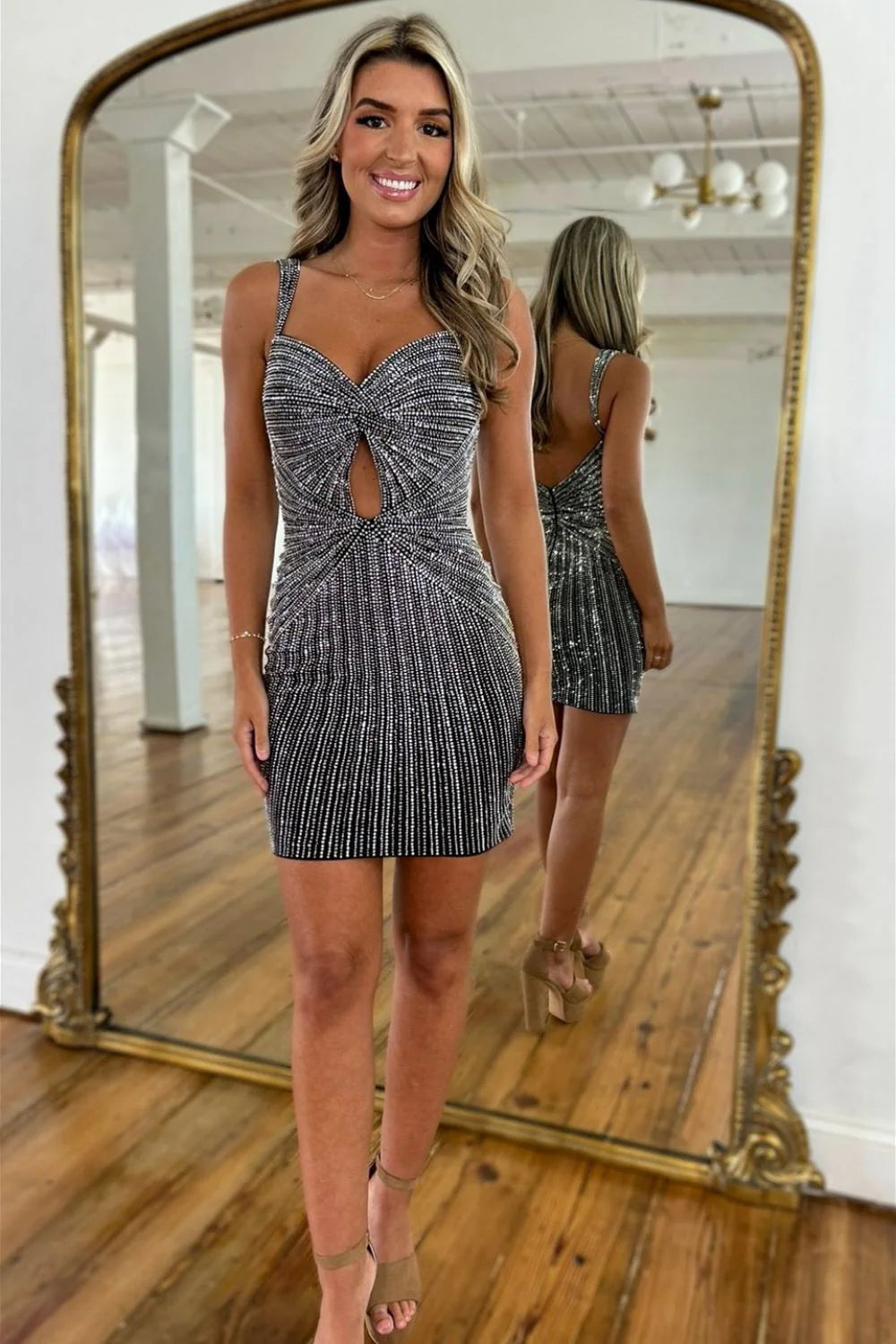 Black Glitter Bodycon Homecoming Dress With Beaded Straps And Short Fitted Silhouette AS192