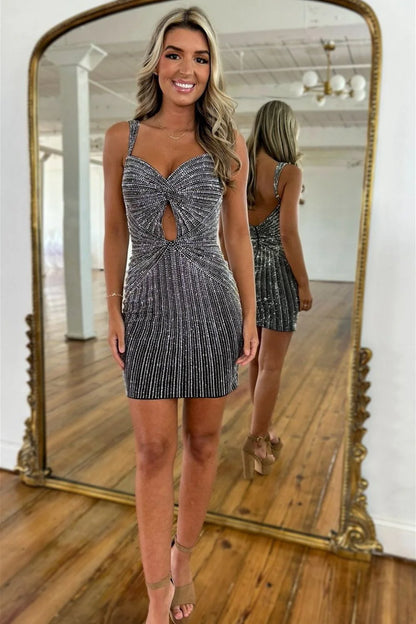 Black Glitter Bodycon Homecoming Dress With Beaded Straps And Short Fitted Silhouette AS192
