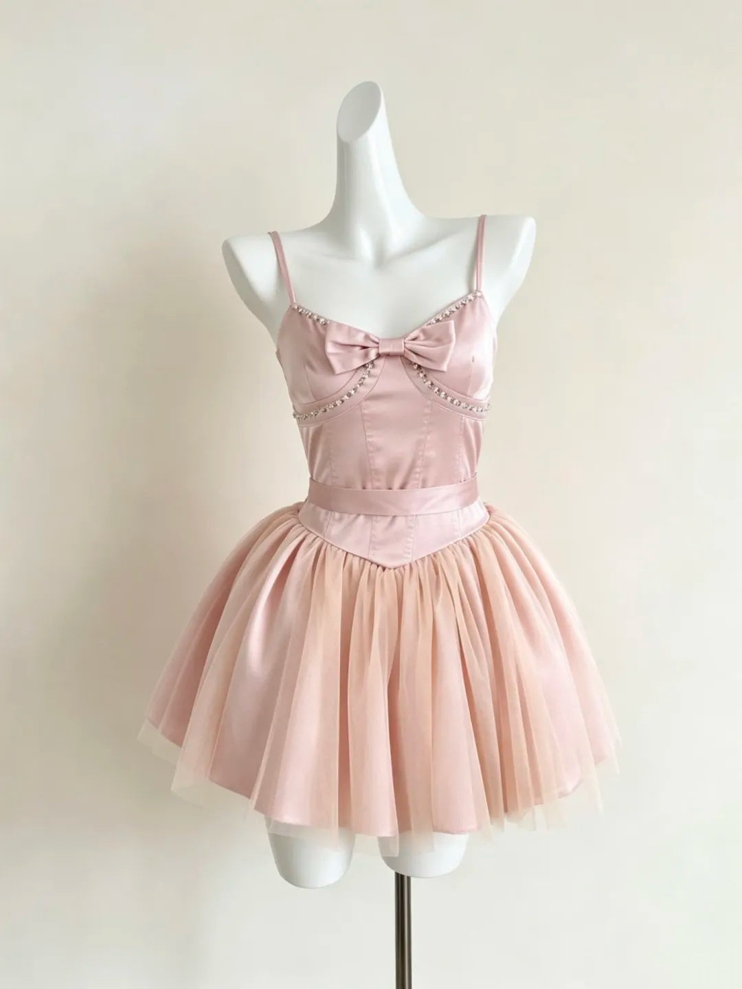 Glam Blush Pink Spaghetti Straps Bow Rhinestone Beaded Trim Corset Bodice Satin Tulle A Line Short Homecoming Dress AS1921