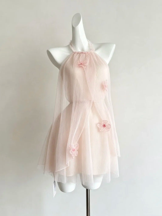 Airy Blush Pink Halter Neck Pleated Tulle 3D Flower Appliques A Line Short Homecoming Dress AS1922