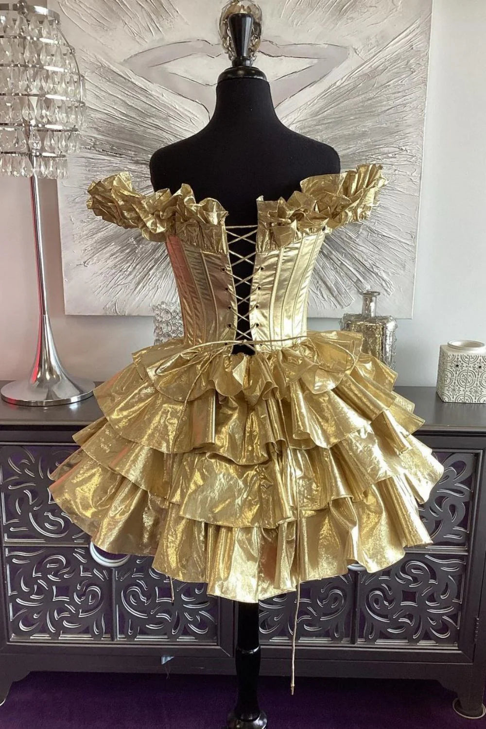 Gold Metallic Tiered Homecoming Dress With Off Shoulder Style A-Line Shape and Lace Up Closure AS193