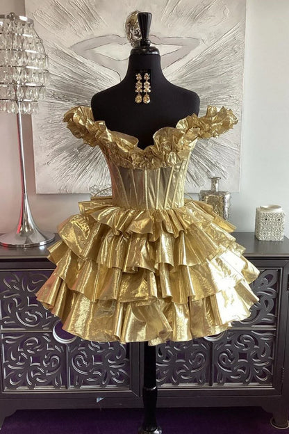 Gold Metallic Tiered Homecoming Dress With Off Shoulder Style A-Line Shape and Lace Up Closure AS193