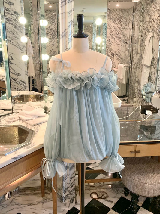 Airy Dusty Blue Spaghetti Straps Side Bow Floral Ruffled Neck Long Sleeve Tie Cuff Loose A Line Flowy Short Homecoming Dress AS1939