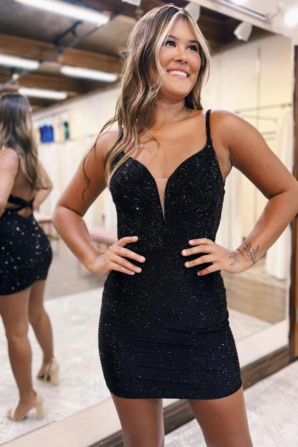 Sparkly Black Bodycon Homecoming Dress With Spaghetti Straps And Beaded Details AS194
