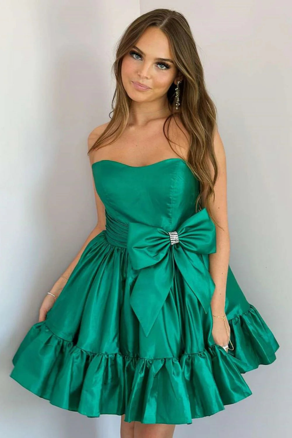 Simple A-Line Strapless Homecoming Dress With Satin Fabric And Bowknot Detail AS195
