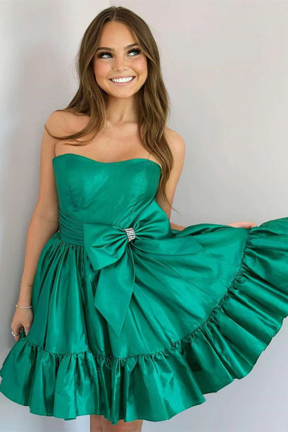 Simple A-Line Strapless Homecoming Dress With Satin Fabric And Bowknot Detail AS195