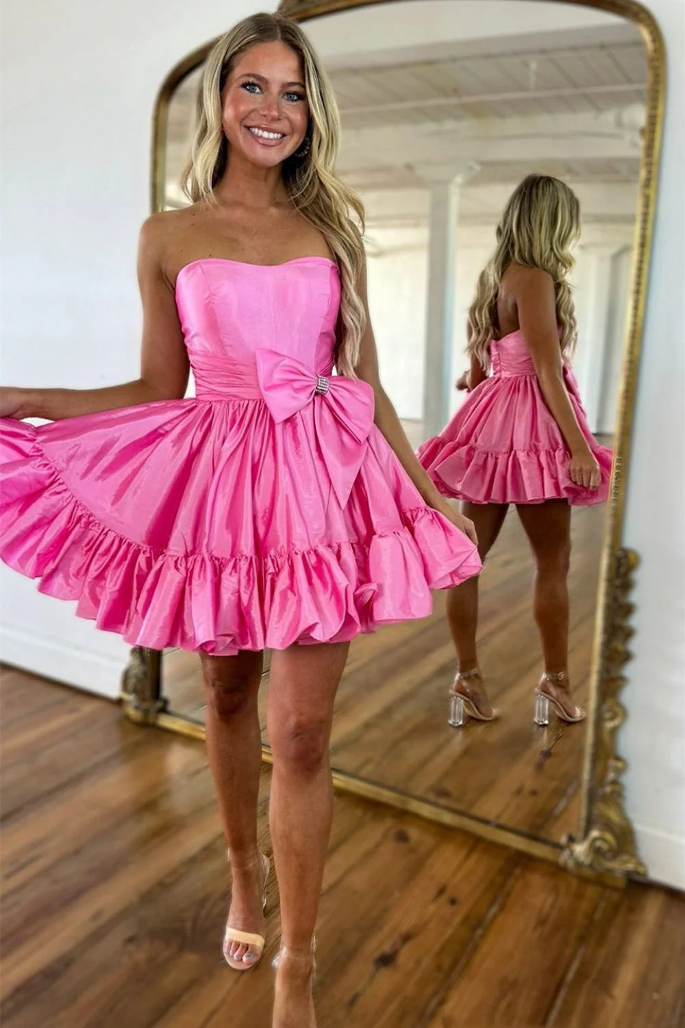 Simple A-Line Strapless Homecoming Dress With Satin Fabric And Bowknot Detail AS195