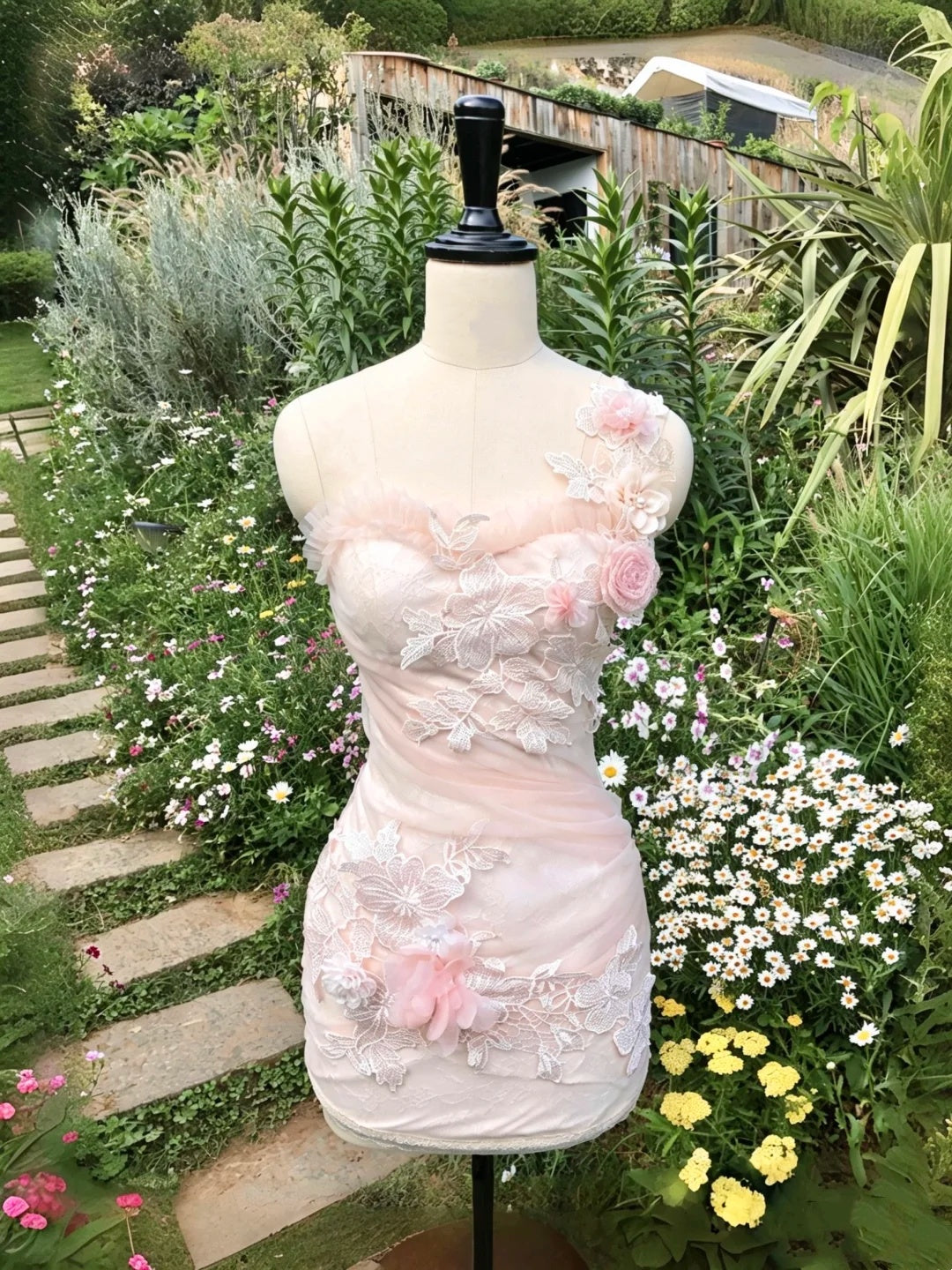 Exquisite Pink One‑Shoulder Lace 3D Floral Appliques Bodycon Short Homecoming Dress AS1950