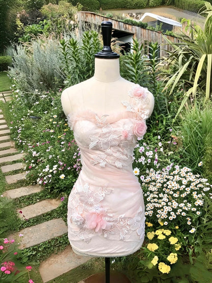 Exquisite Pink One‑Shoulder Lace 3D Floral Appliques Bodycon Short Homecoming Dress AS1950