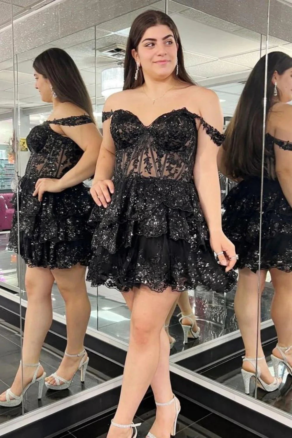 Glamorous Dark Blue Off-The-Shoulder A-Line Tiered Short Party Dress AS196