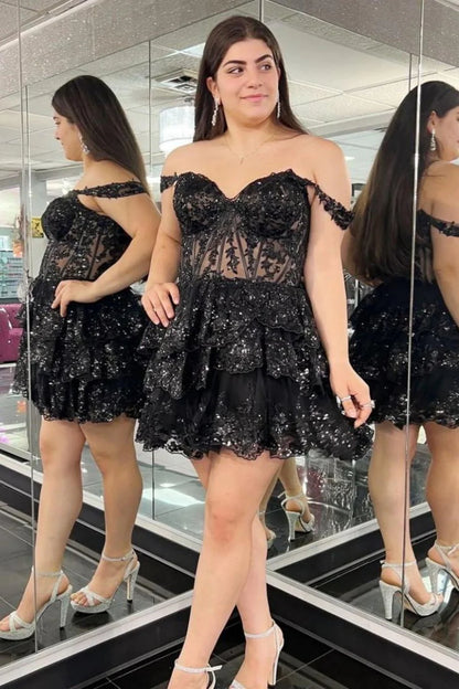 Glamorous Dark Blue Off-The-Shoulder A-Line Tiered Short Party Dress AS196