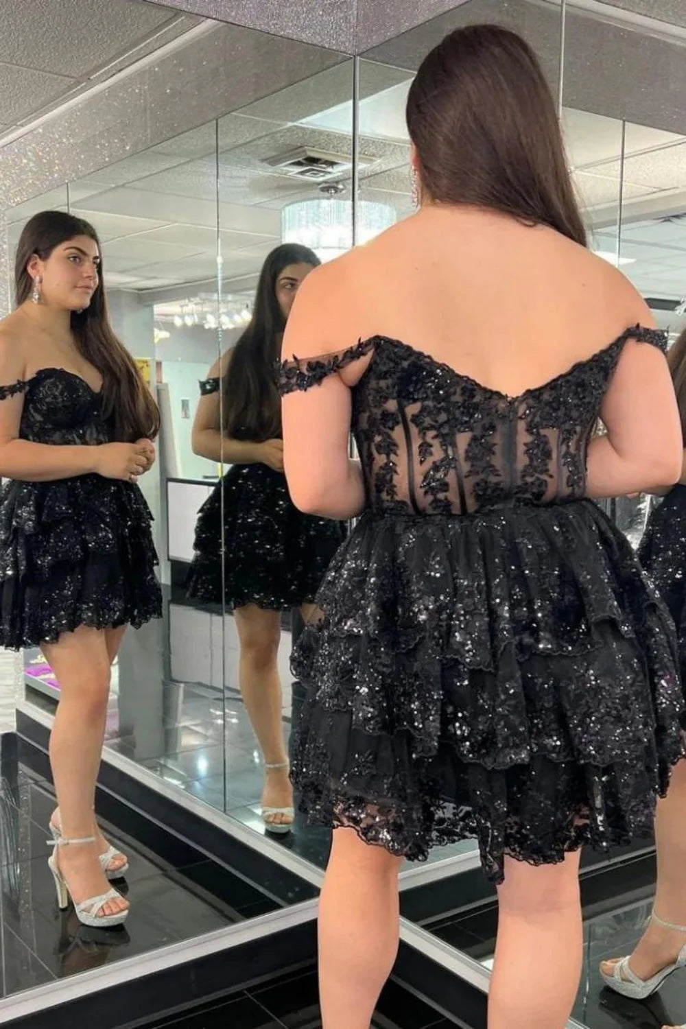 Glamorous Dark Blue Off-The-Shoulder A-Line Tiered Short Party Dress AS196