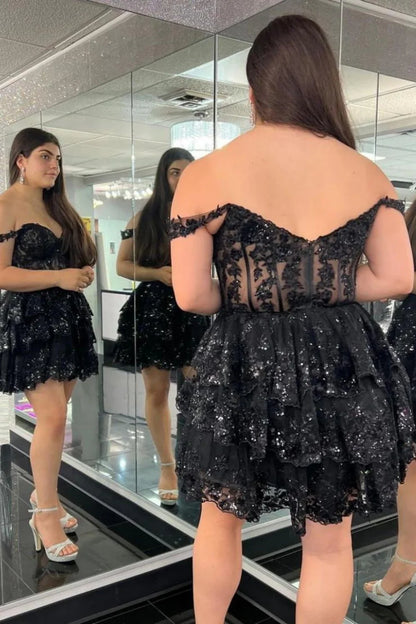 Glamorous Dark Blue Off-The-Shoulder A-Line Tiered Short Party Dress AS196