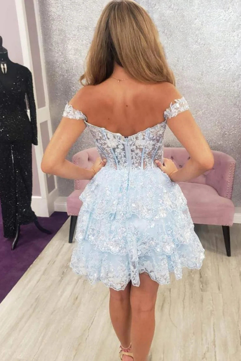 Glamorous Dark Blue Off-The-Shoulder A-Line Tiered Short Party Dress AS196