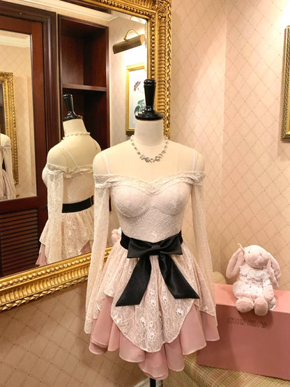 Gorgeous Pink Off‑Shoulder Floral Lace Long Sleeve Large Black Satin Bow Layered Tulle A Line Short Homecoming Dress AS1967