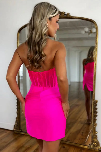 Glamorous Hot Pink Mermaid Short Homecoming Dress With Beading And Side Slit AS197