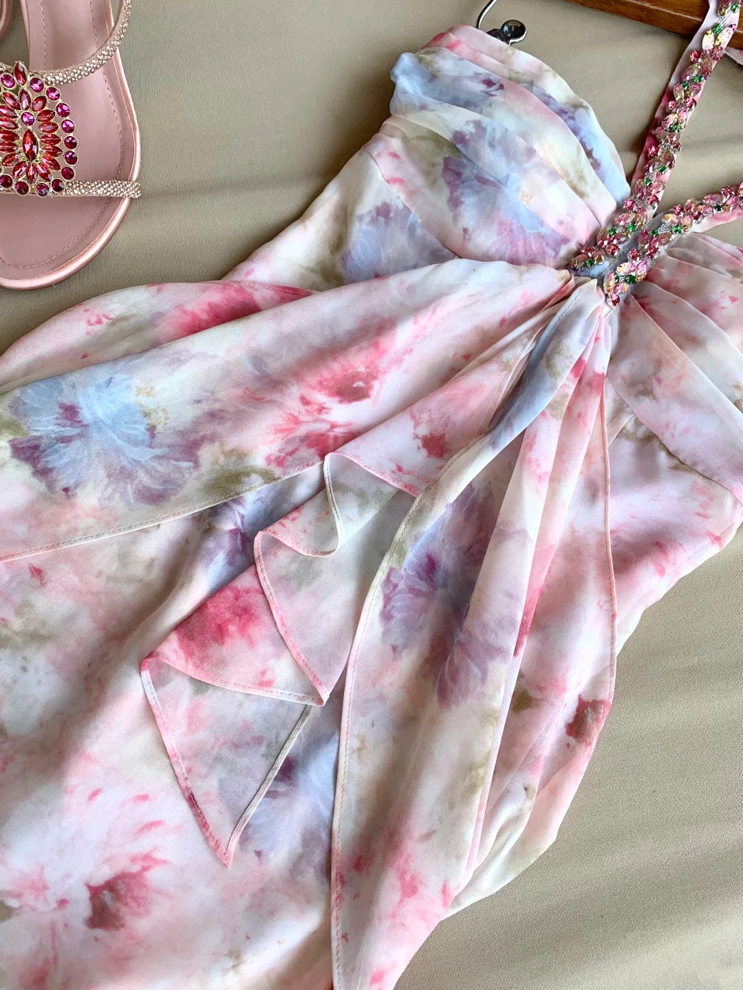 Gorgeous Pastel Watercolor Beaded Halter Beaded Sheath Short Homecoming Dress AS1988