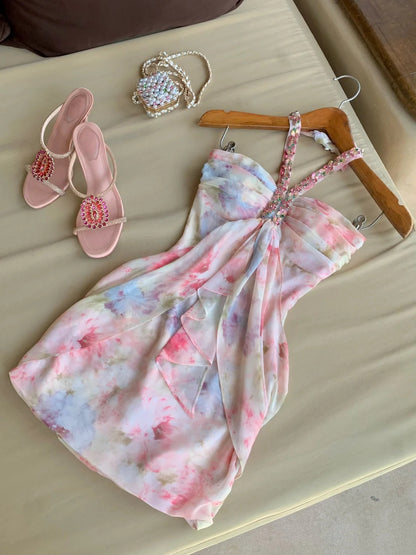 Gorgeous Pastel Watercolor Beaded Halter Beaded Sheath Short Homecoming Dress AS1988