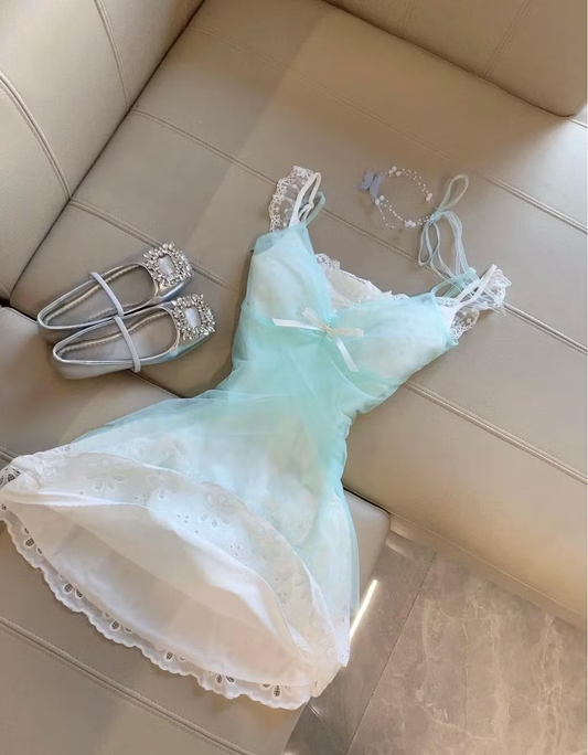 Airy Mint Green Spaghetti Strap Sweetheart Neck Lace Trim Tiny Bow Floral Eyelet Sheer Tulle A Line Short Homecoming Dress AS2010